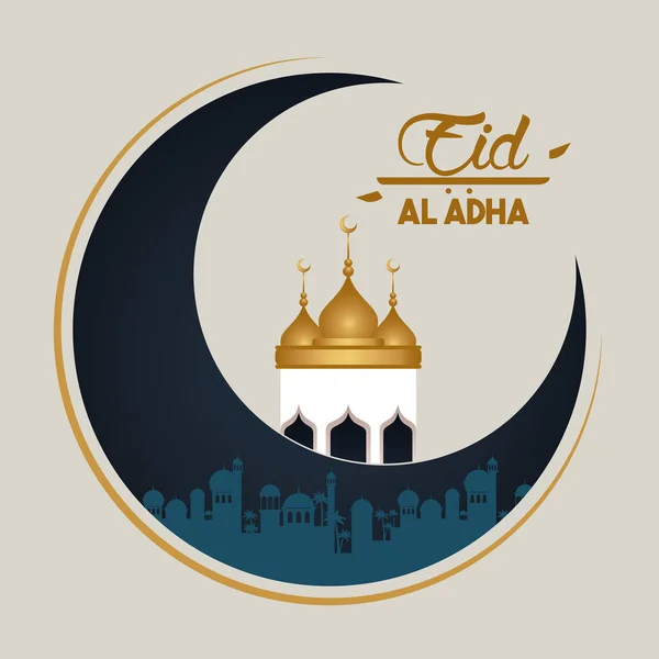 Eid al adha celebration card with moon and mosque cupule — Stock Vector