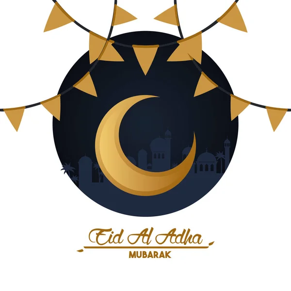 Eid al adha karta uroczystości z księżyca i girlandy — Wektor stockowy