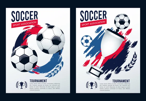 Póster deportivo de liga de fútbol con globos y copa de trofeo — Vector de stock