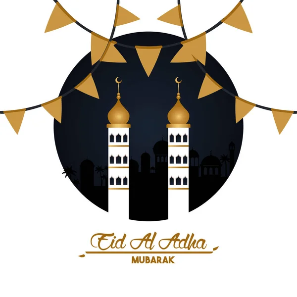 Karta uroczystości eid al adha z wieżami meczetowymi — Wektor stockowy