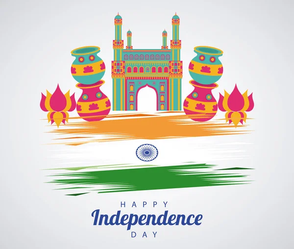 India ημέρα ανεξαρτησίας γιορτή με τέμενος ναός και σημαία — Διανυσματικό Αρχείο
