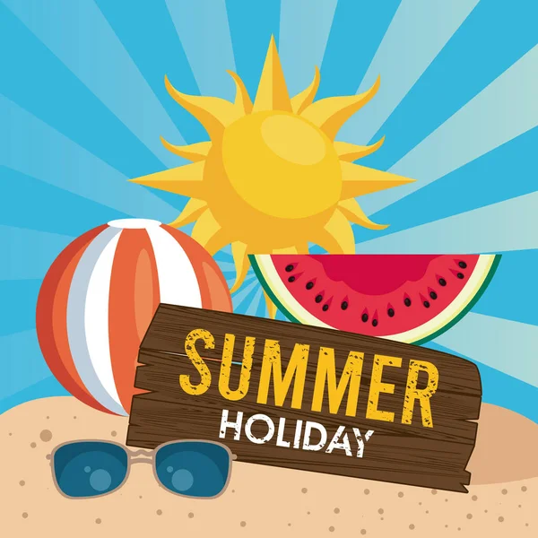 Etiqueta de vacaciones de verano con sol — Vector de stock