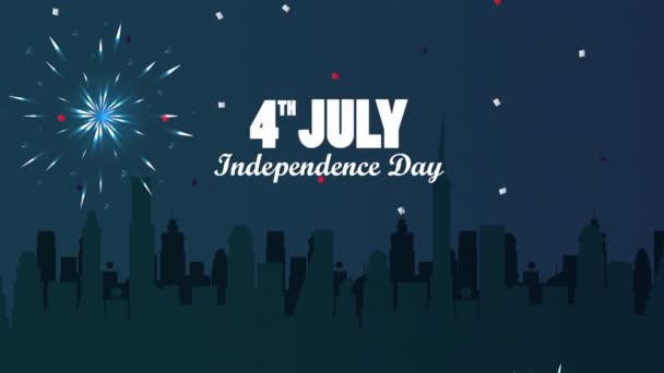 День незалежності США святкування з міським пейзажем та феєрверком — стокове відео