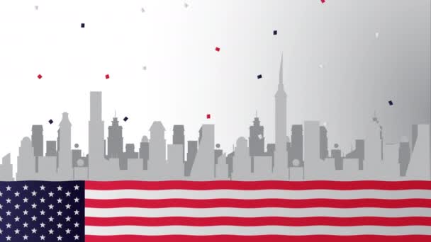 Etats-Unis fête de l'indépendance avec des drapeaux et paysage urbain — Video