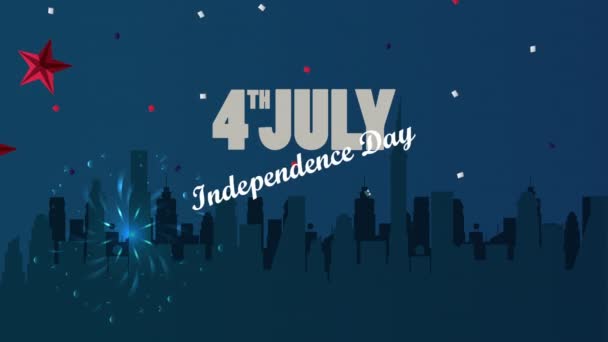 Celebración del día de la independencia de EE.UU. con paisaje urbano y fuegos artificiales — Vídeos de Stock