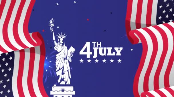USA Festa dell'indipendenza con bandiere e statua della libertà — Video Stock