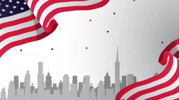 Празднование Дня независимости США с флагами и городским пейзажем — стоковое видео