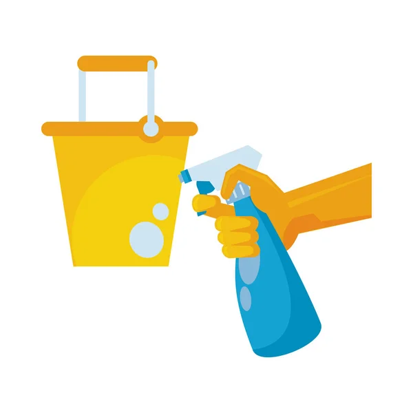 Hand with splash spray bottle disinfectant and bucket — Stock Vector