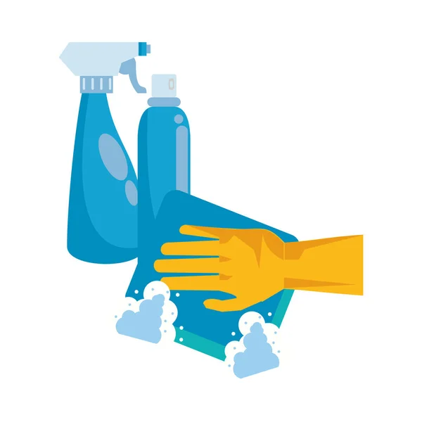 Χέρι με γάντια και μπουκάλια ψεκασμού απολυμαντικά — Διανυσματικό Αρχείο