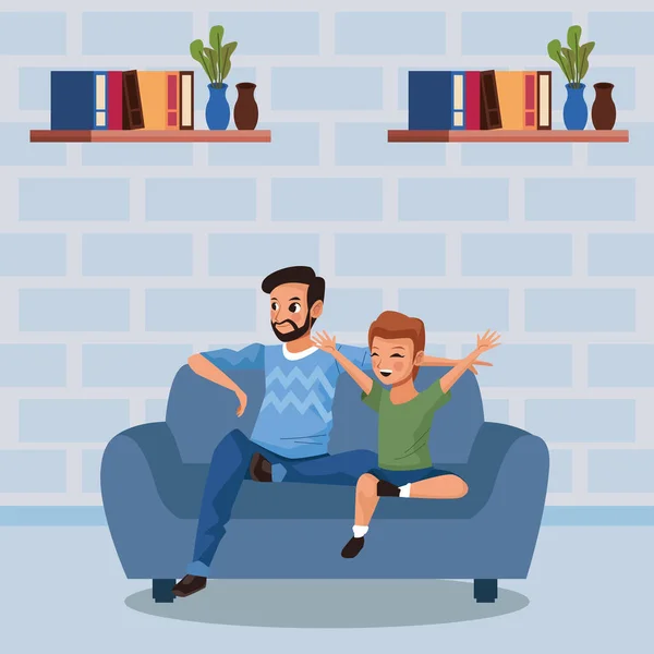 Padre con hijo estancia en casa campaña — Vector de stock