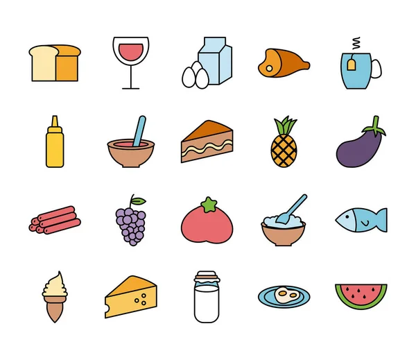 Paquete de alimentos y bebidas iconos — Vector de stock