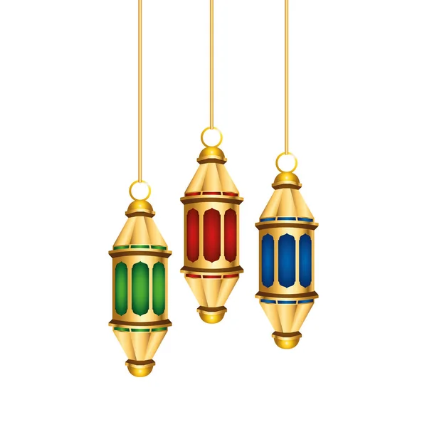 Ramadan kareen dourado lanternas penduradas decoração —  Vetores de Stock