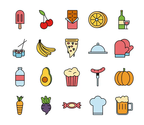 Paquete de alimentos y bebidas iconos — Vector de stock