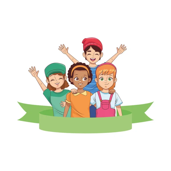 Feliz joven diversidad niños avatares personajes — Vector de stock