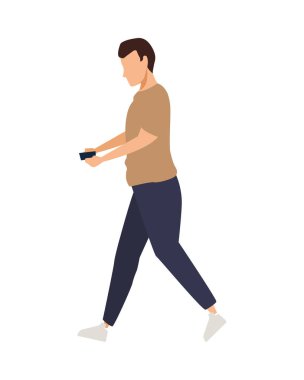 Genç adam akıllı telefon avatar karakteri kullanarak gelişigüzel takılıyor.