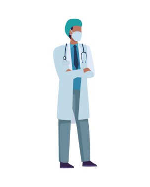 Tıbbi maske takan genç erkek doktor.