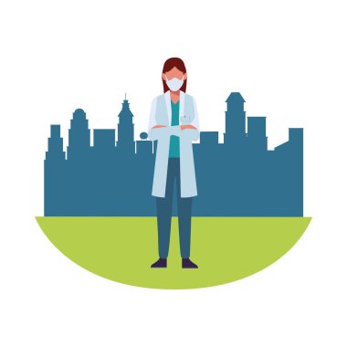 Tıbbi maske takan genç bayan doktor.