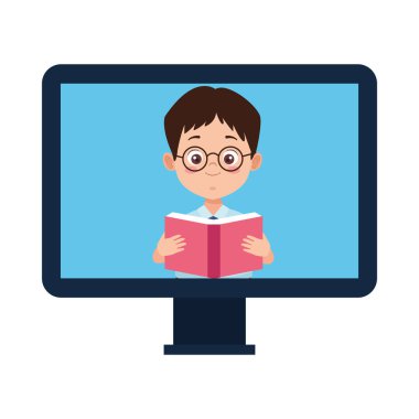 Bilgisayar karakteri üzerine kitap okuyan üniformalı küçük bir öğrenci.