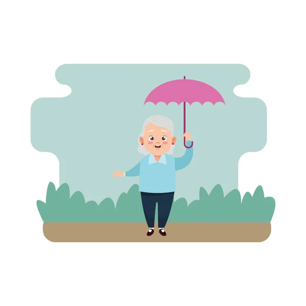 Roztomilý šťastný babička s deštníkem avatar charakter — Stockový vektor