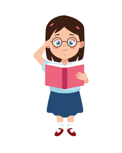 Little student girl with uniform reading book character — Stock Vector