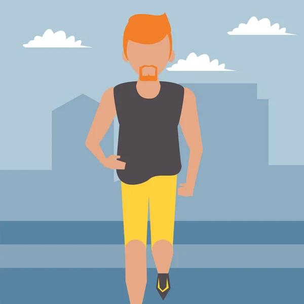 Młody człowiek biegnie atleta na postać avatara miasta — Wektor stockowy