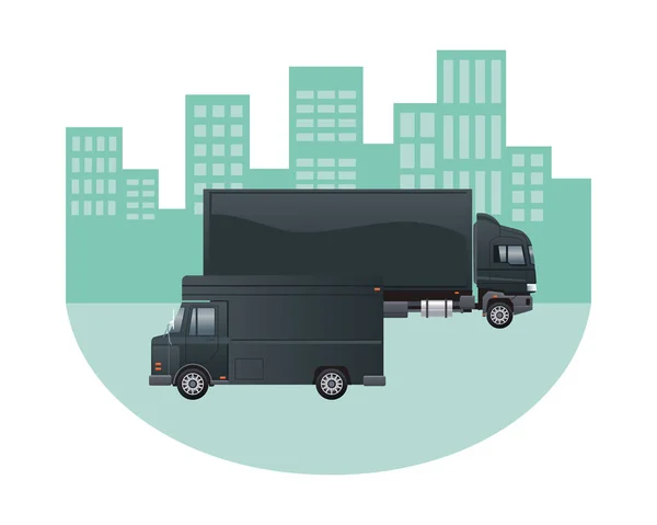 Marca de camiones y furgonetas en la ciudad — Vector de stock