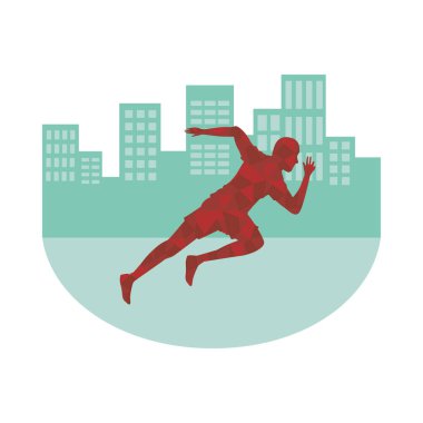 Şehirde koşan atletik bir adamın silüeti.