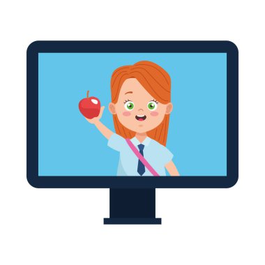 Üniformalı ve bilgisayarında elma olan küçük öğrenci kız.