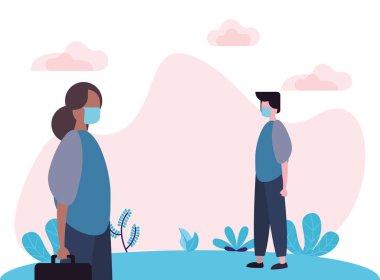 Kovid19 için sosyal mesafeli yüz maskesi kullanan çift