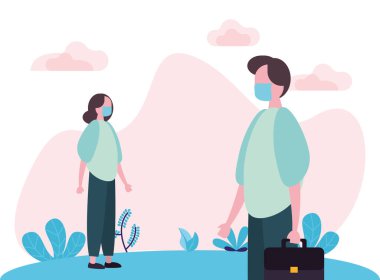 Kovid19 için sosyal mesafeli yüz maskesi kullanan çift