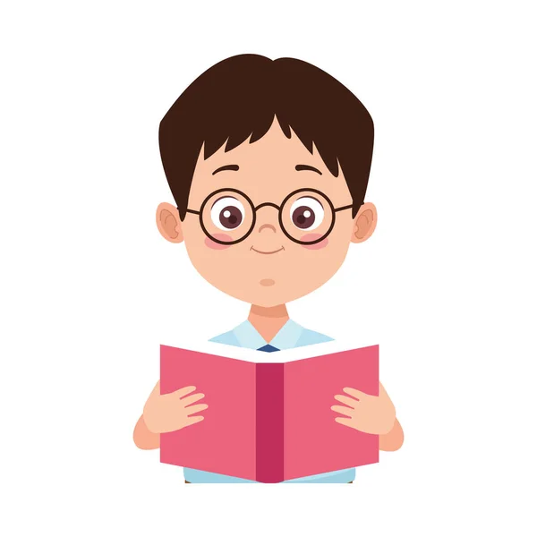 Liten student pojke med enhetlig läsa bok karaktär — Stock vektor