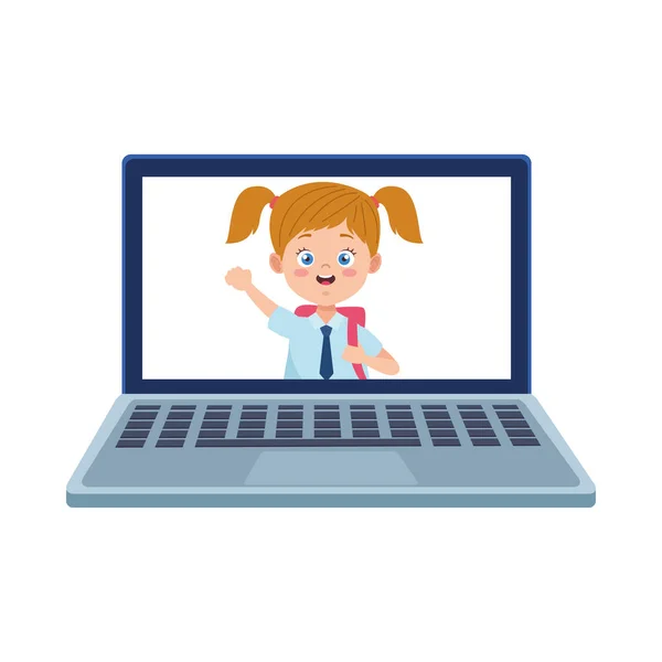 Petite étudiante fille avec uniforme dans le personnage de l'ordinateur portable — Image vectorielle