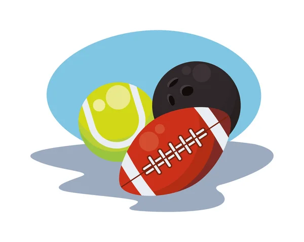 Bowling and football american with tennis sports balls — Stock Vector