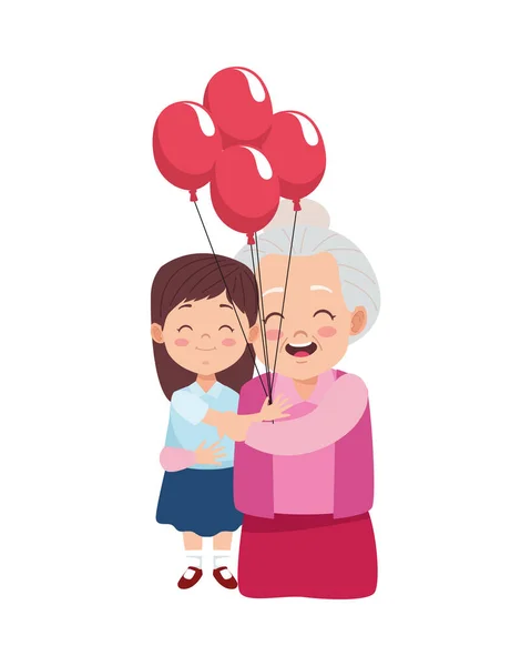 孫娘と風船ヘリウムとかわいい幸せな祖母 — ストックベクタ