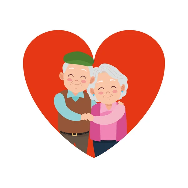 Lindo feliz abuelos pareja en corazón avatares caracteres — Vector de stock