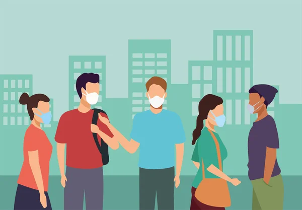 Group of young people wearing medical masks on the city — Stock Vector
