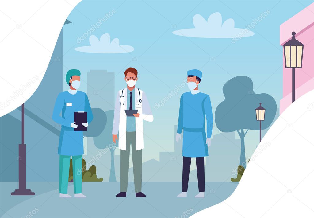 group of doctors wearing medical masks on the street