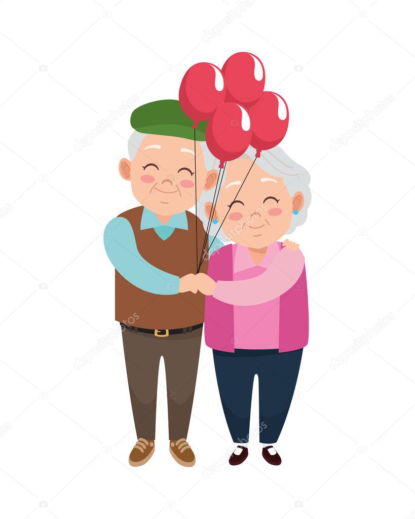cute happy grandparents couple with balloons helium characters