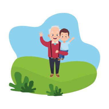 Mutlu yaşlı büyükbaba ve küçük torun karakterleri