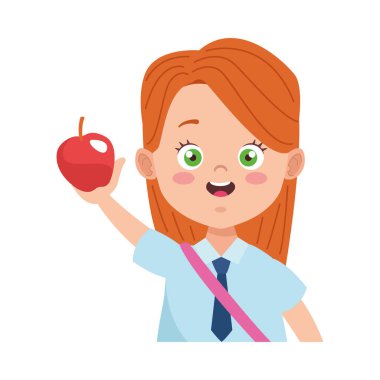 Üniformalı ve elma karakterli küçük kız.