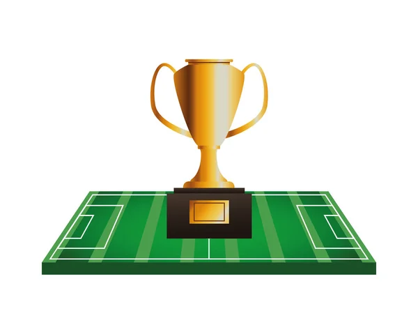 Fútbol fútbol deporte campamento con copa de trofeo — Vector de stock
