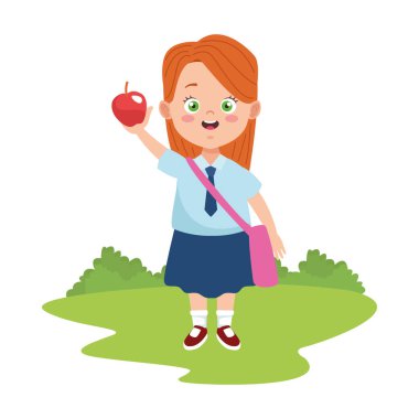 Üniformalı ve elma karakterli küçük kız.