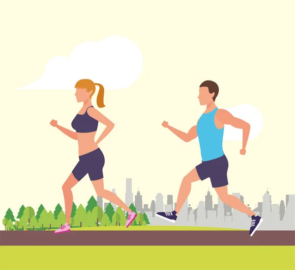 Jeunes athlètes de course en couple dans le parc — Image vectorielle