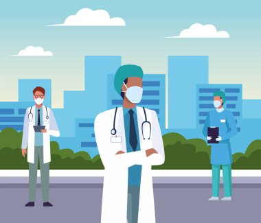 Bir grup doktor şehirde tıbbi maske takıyor.