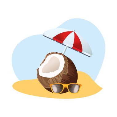 Şemsiyeli ve güneş gözlüklü taze hindistan cevizi kokteyli yazı.