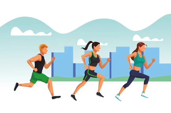 Jóvenes corriendo atletas avatares personajes — Vector de stock