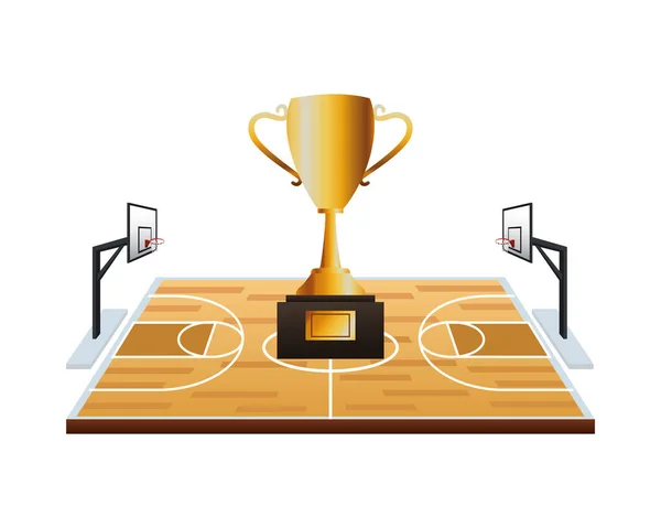 basketball sport court scene with trophy cup