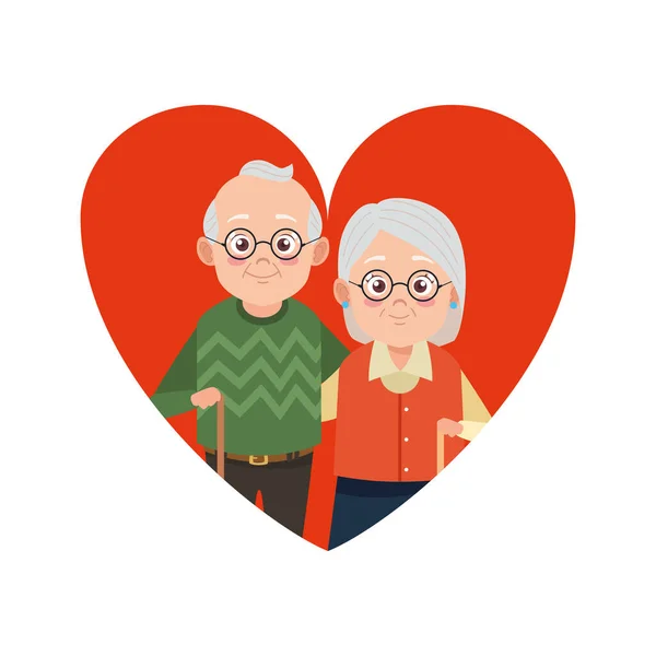 Sevimli, mutlu büyükanne ve büyükbaba kalp karakterli çift. — Stok Vektör
