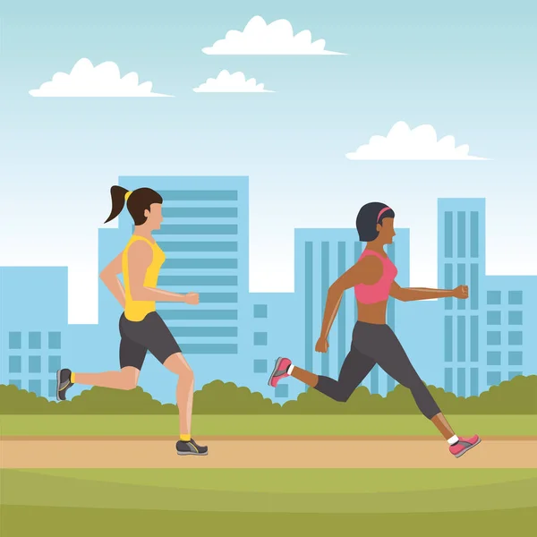 Chicas jóvenes corriendo atletas en la ciudad — Vector de stock