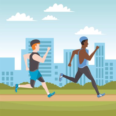 Kentte koşan genç erkekler